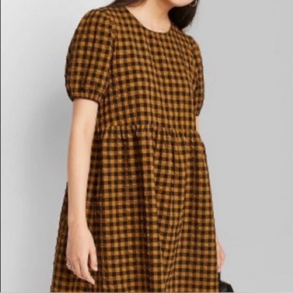 NWT Wild Fable Puff Short-sleeve Seersucker Dark Gold Plaid Dress, size XS